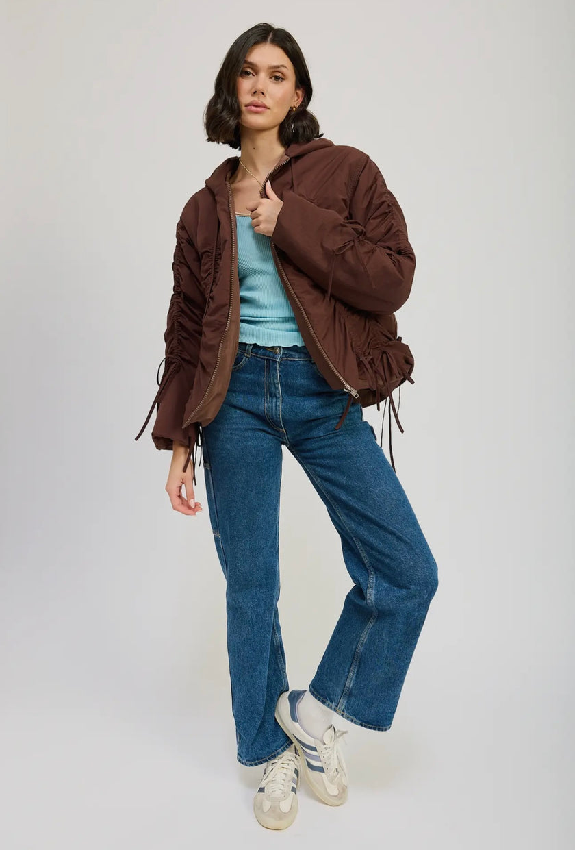 Ruching Brown Puffer Coat