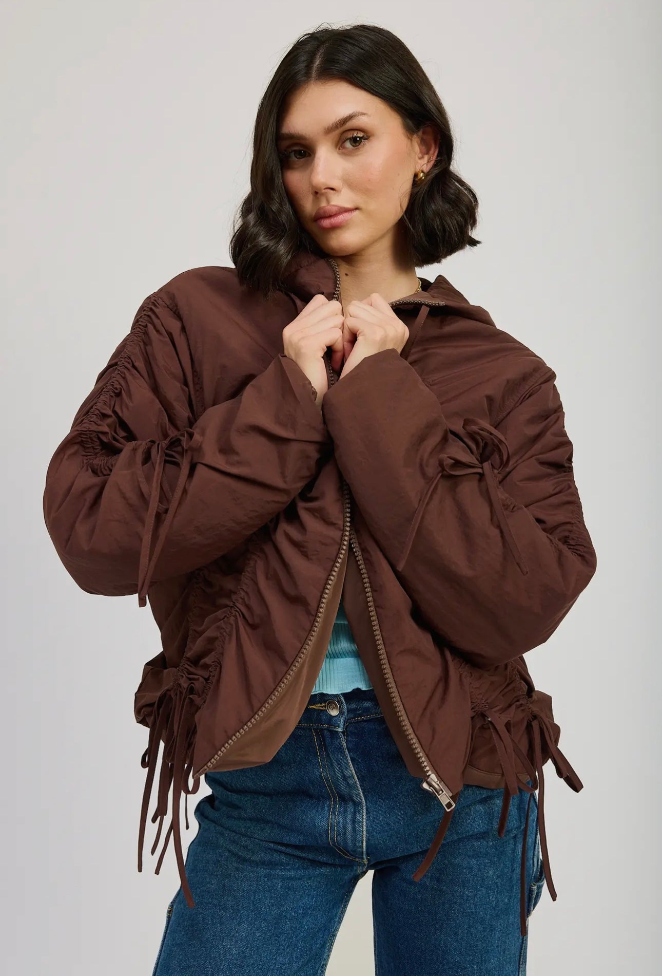 Ruching Brown Puffer Coat
