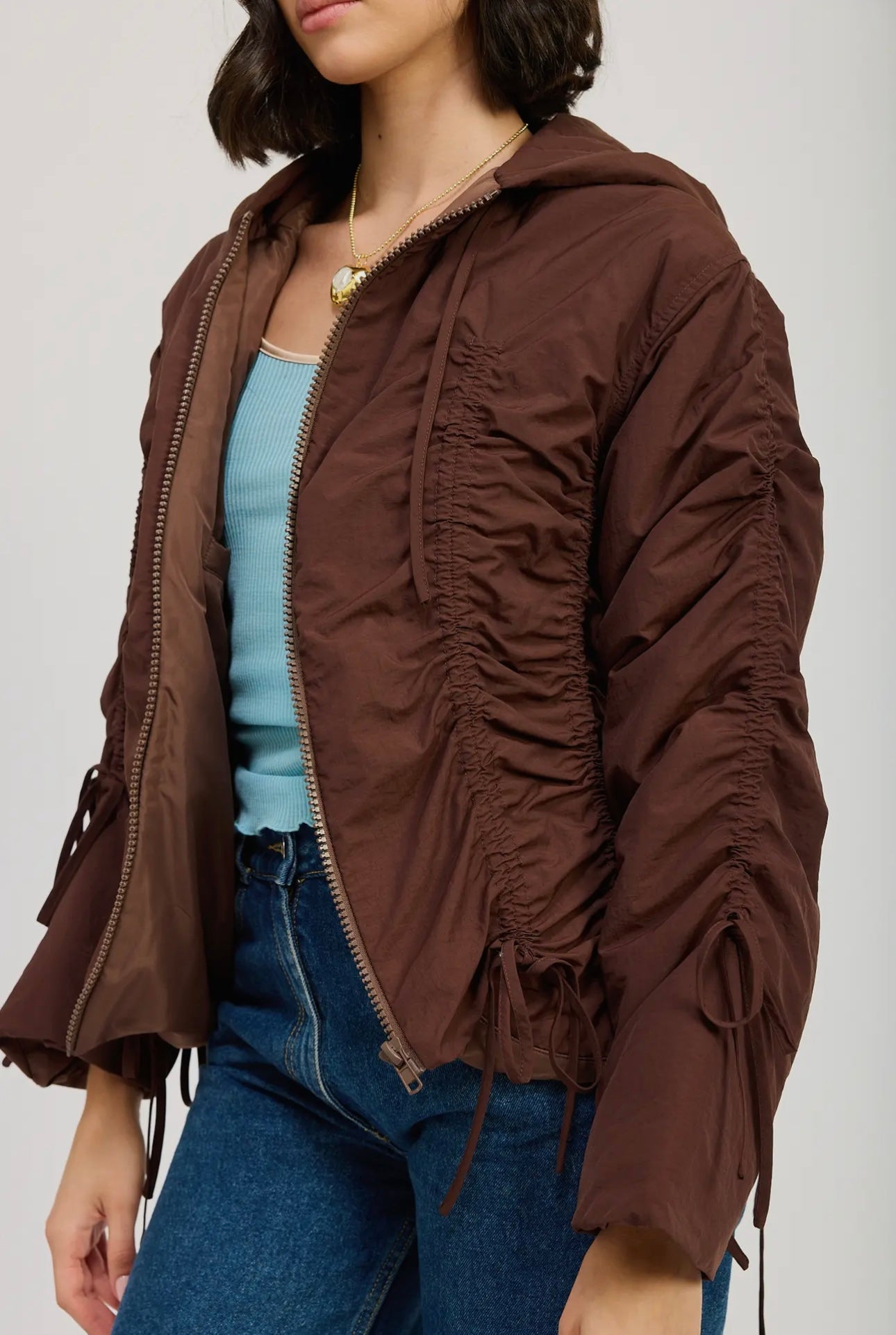 Ruching Brown Puffer Coat
